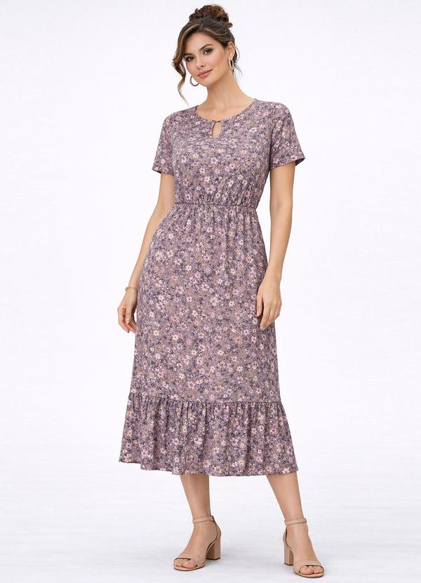 Vestido Midi Feminino Estampado Helanca Bege