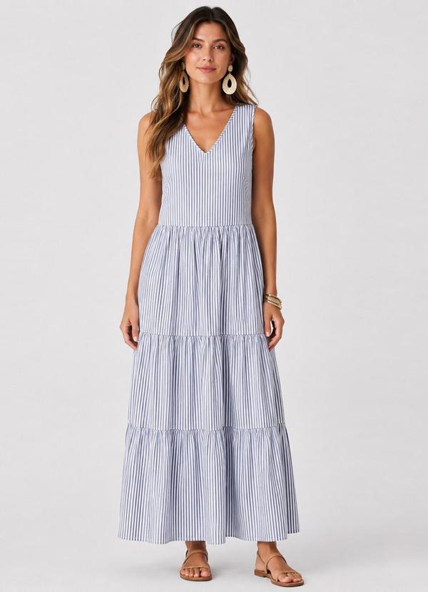 Vestido Midi Feminino Listrado Azul