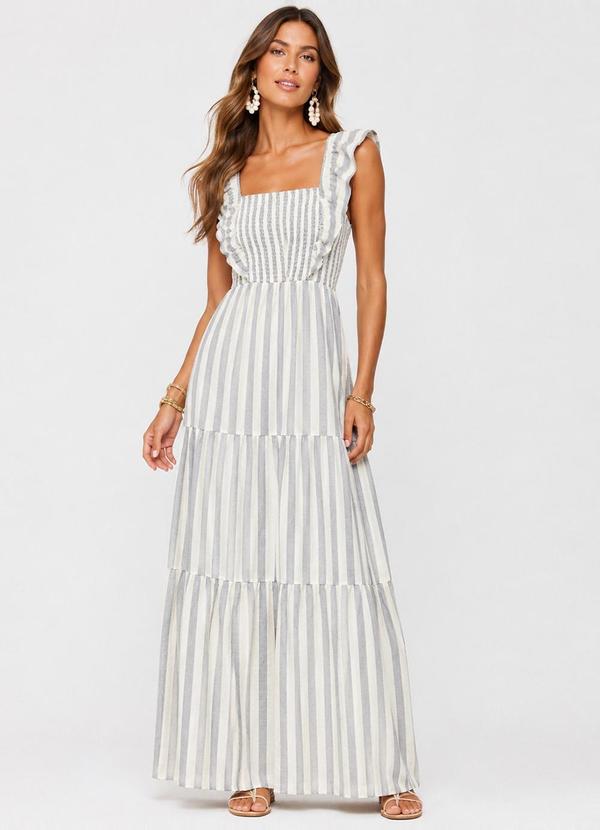 Vestido Midi Feminino Listrado com Lastex Cinza