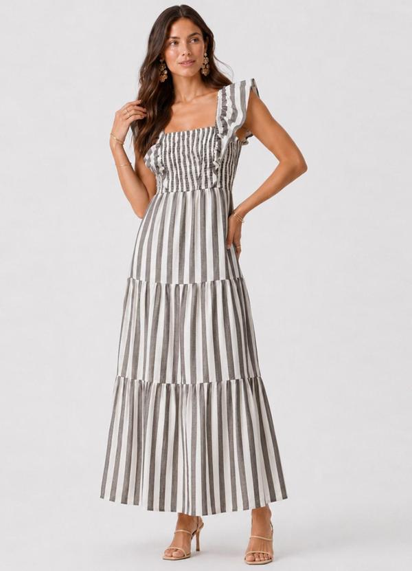 Vestido Midi Feminino Listrado com Lastex Preto