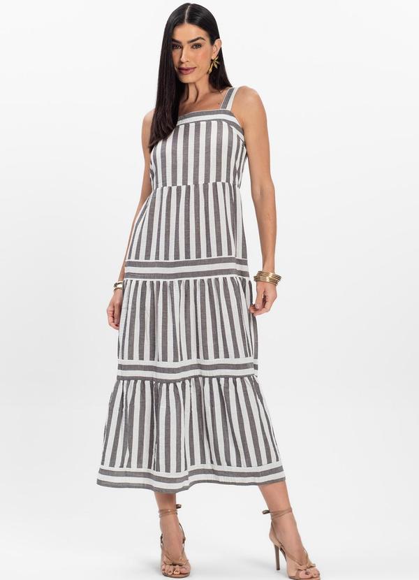Vestido Midi Feminino Listrado de Alça Preto