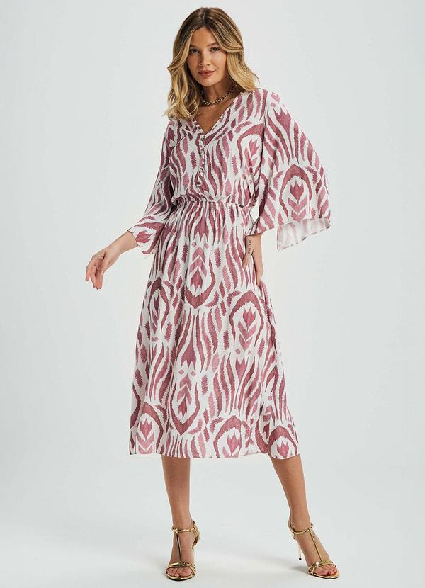Vestido Midi Feminino Manga Ampla Rosa