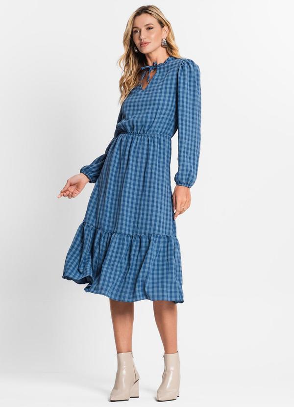 Vestido Midi Feminino Manga Longa Azul