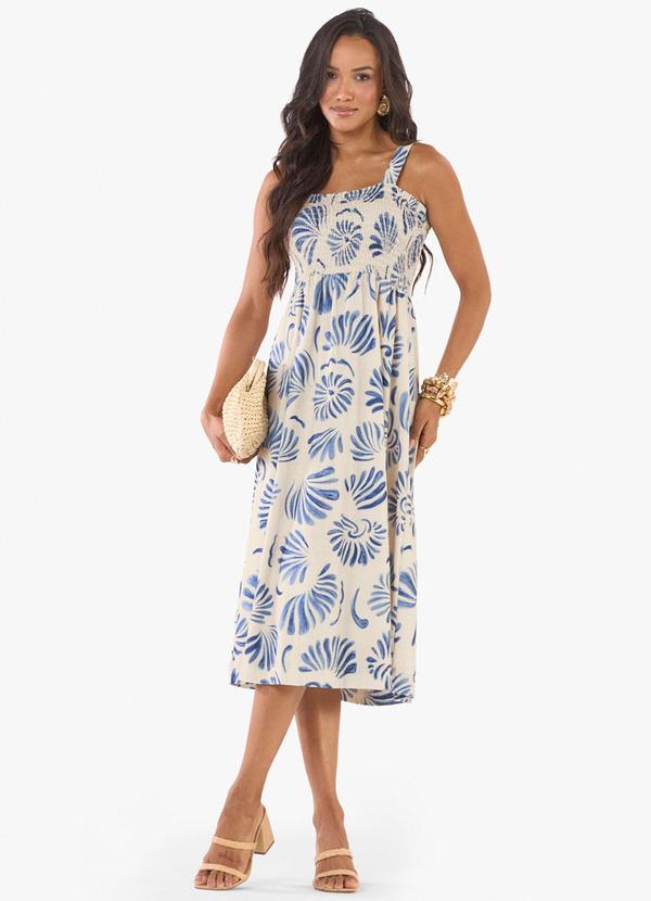 Vestido Midi Feminino Meia Malha Estampado Azul