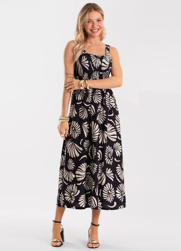 Vestido Midi Feminino Meia Malha Estampado Preto