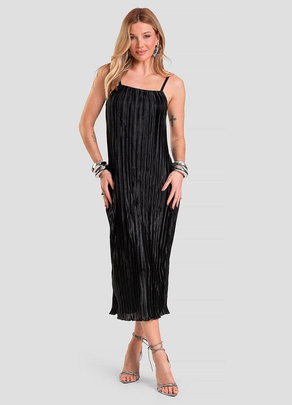 Vestido Midi Feminino Plissado de Alça Preto