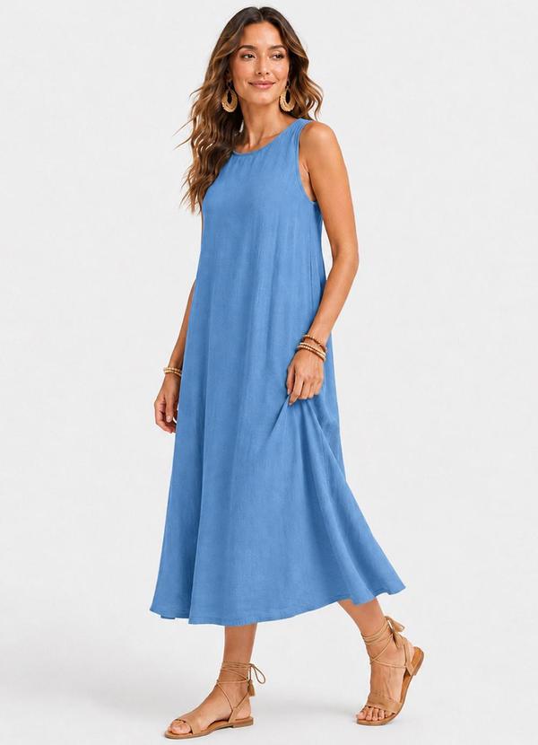 Vestido Midi Feminino Viscose com Bolsos Azul