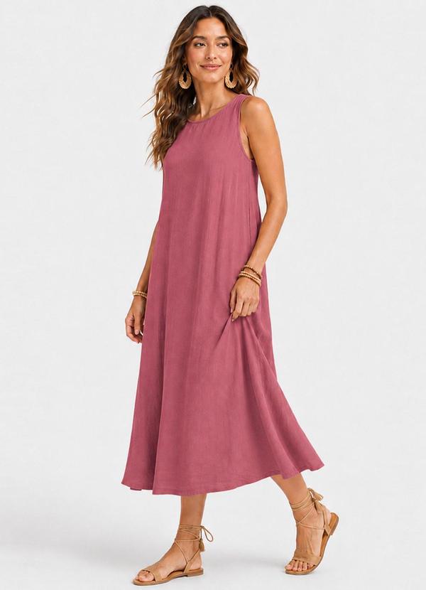 Vestido Midi Feminino Viscose com Bolsos Rosa