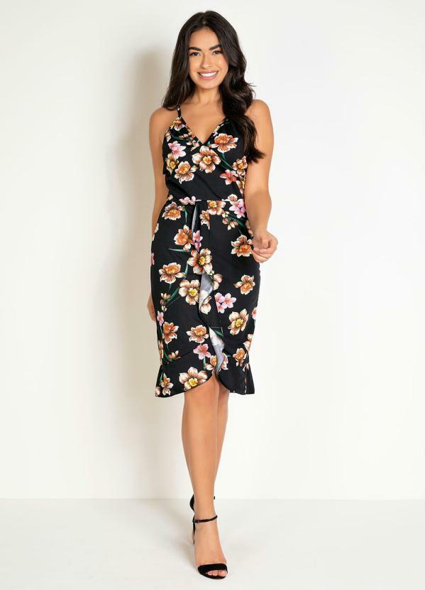 Vista 2 Vestido Midi Floral com Babados na Frente Moda Pop Moda Pop