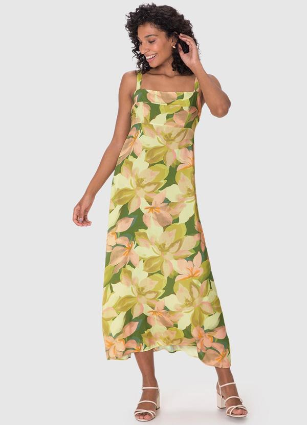 Vestido Mídi Floral em Viscose Verde Limão