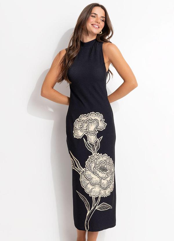 Vestido Midi Gola Alta Jardim de Cordel Preto
