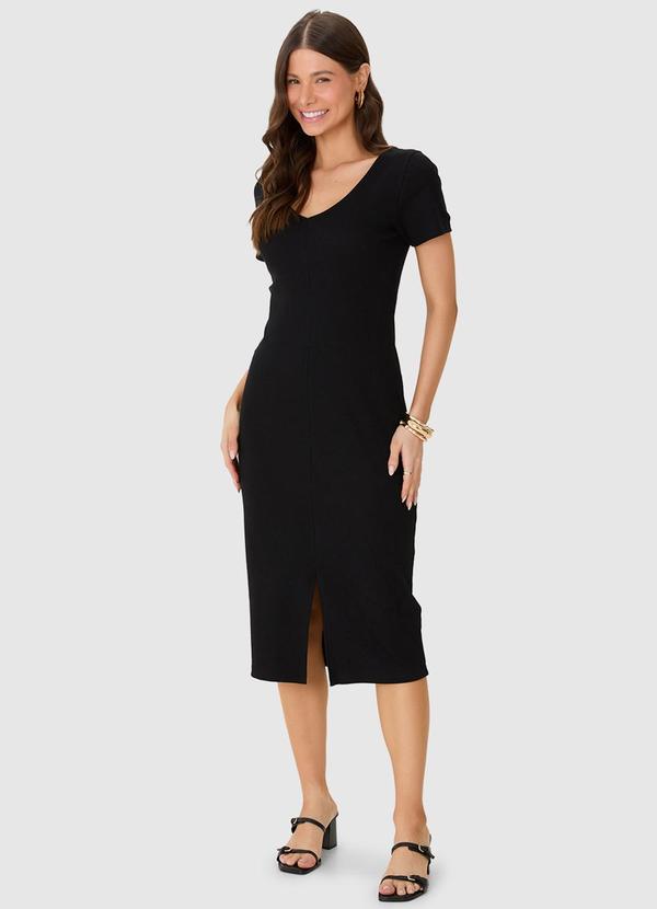 Vestido Mídi Justo Acinturado Canelado Preto