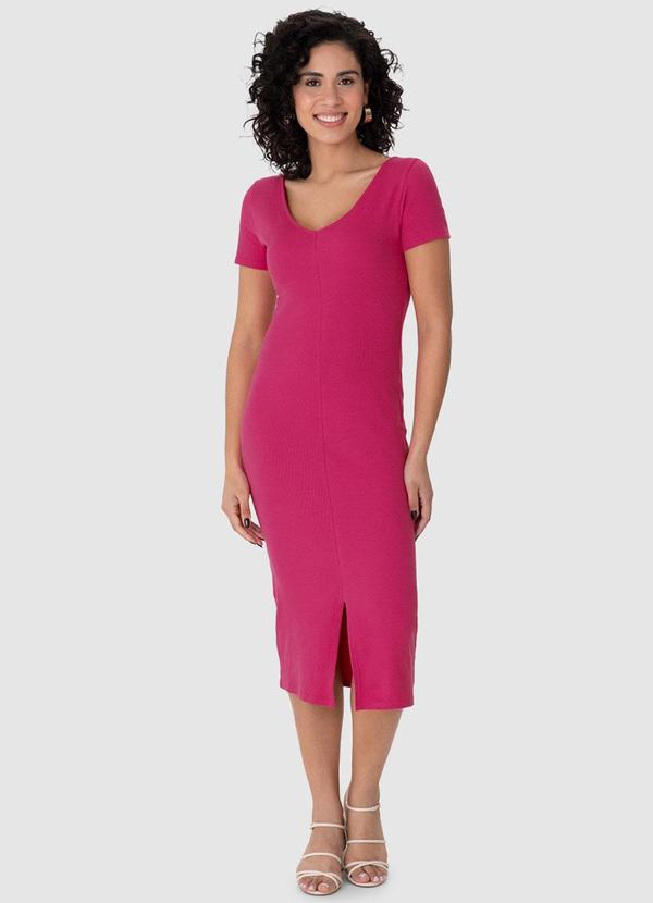 Vestido MÃdi Justo Acinturado Canelado Rosa