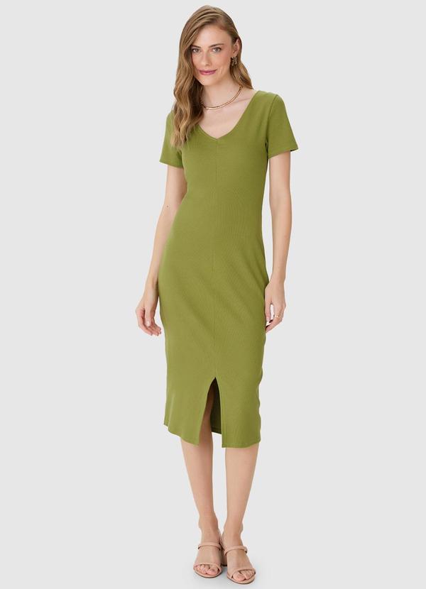 Vestido MÃdi Justo Acinturado Canelado Verde