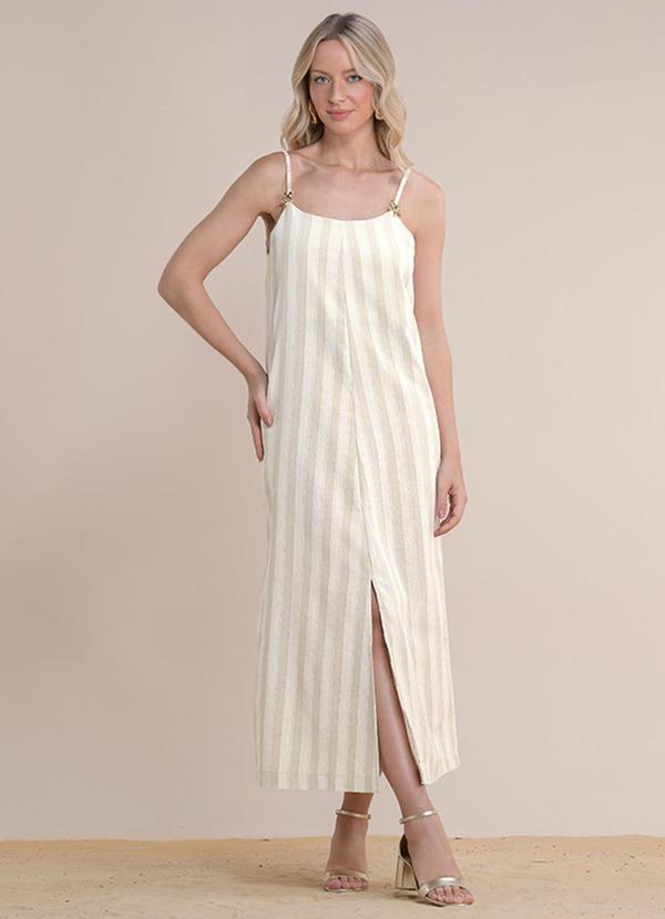 Vestido Midi Linho Listrado Bege