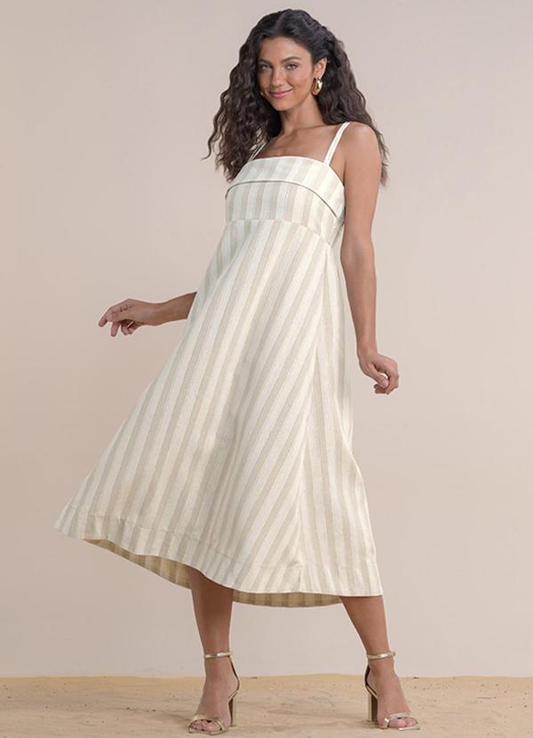 Vestido Midi Linho Listrado Bege