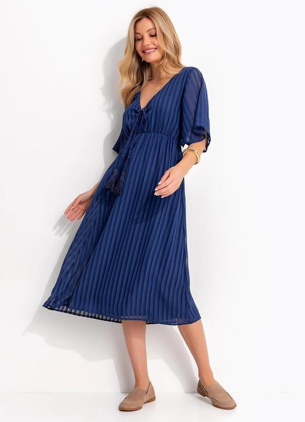 Vestido Listrado Azul Voil de Poliéster