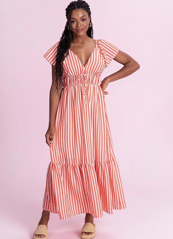 Vestido Midi Listrado Cotton Touch Laranja