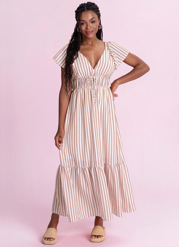 Vestido Midi Listrado Cotton Touch Marrom