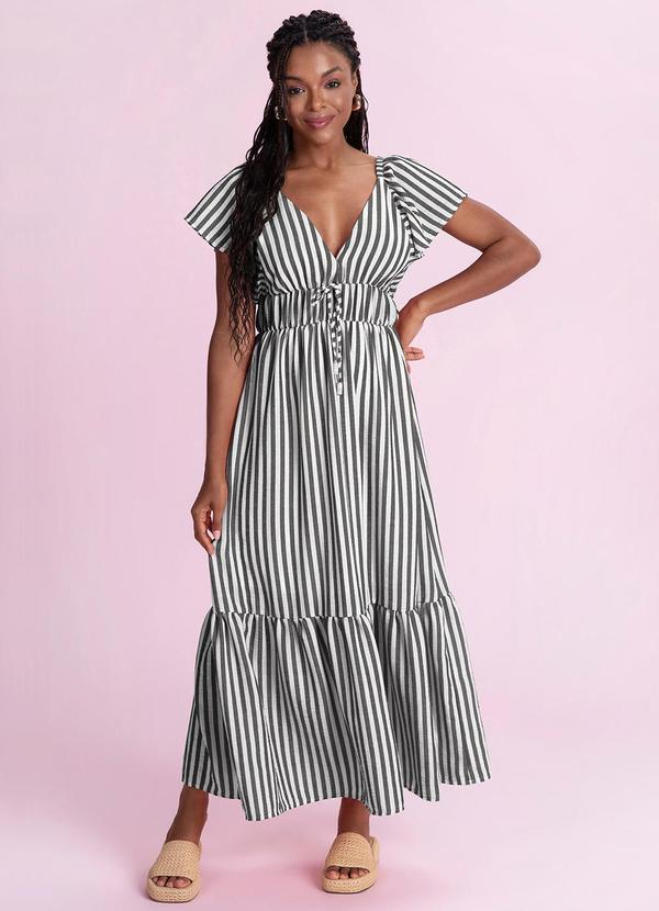 Vestido Midi Listrado Cotton Touch Preto
