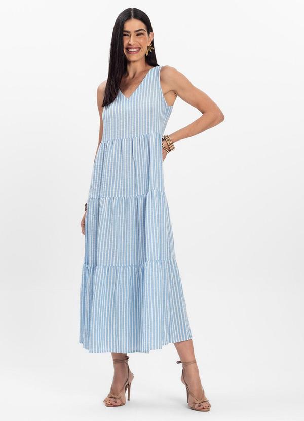Vestido Midi Listrado Decote V Aishty Azul