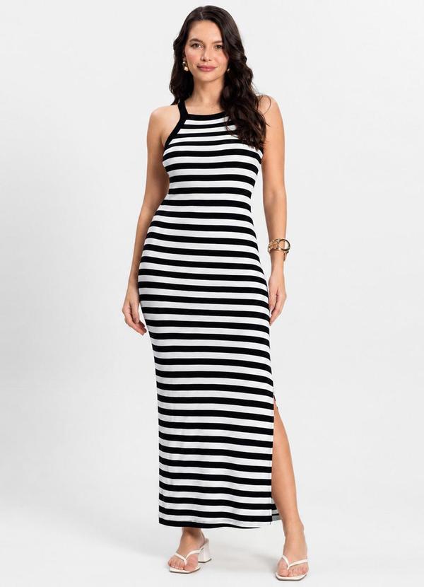 Vestido Midi Listrado em Ribana Preto