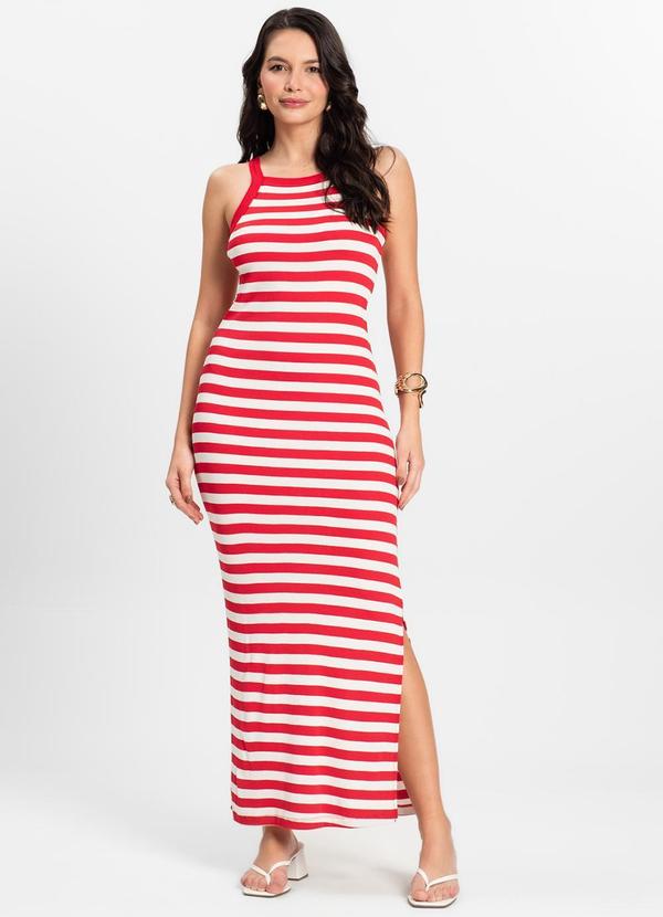 Vestido Midi Listrado em Ribana Vermelho