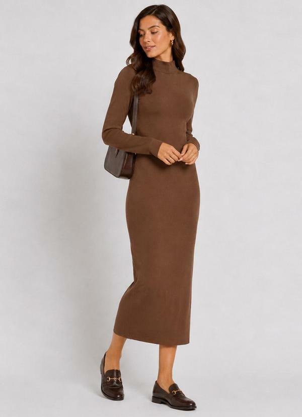 Vestido Midi Manga Comprida Gola Alta Marrom