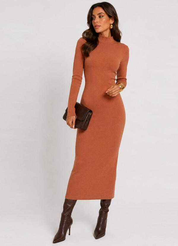 Vestido Midi Manga Comprida Gola Alta Marrom