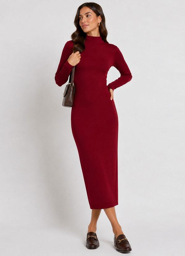 Vestido Midi Manga Comprida Gola Alta Vermelho
