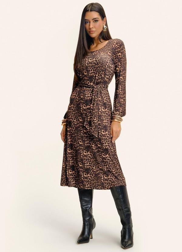 Vestido Midi Manga Longa Animal Print Marrom
