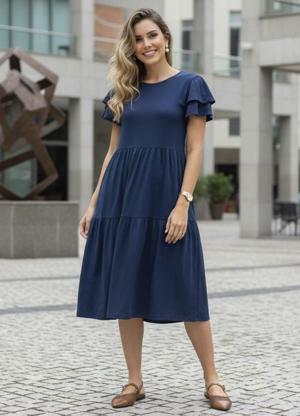 Vestido Midi Marinho com Babados