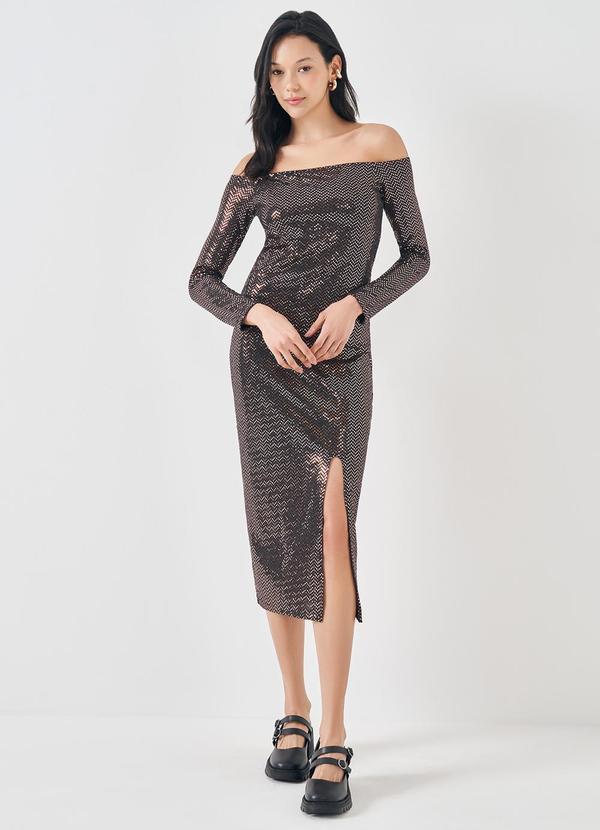 Vestido Midi Ombro a Ombro com Brilho Preto
