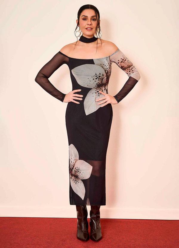 Vestido Midi Ombro a Ombro em Tule Preto