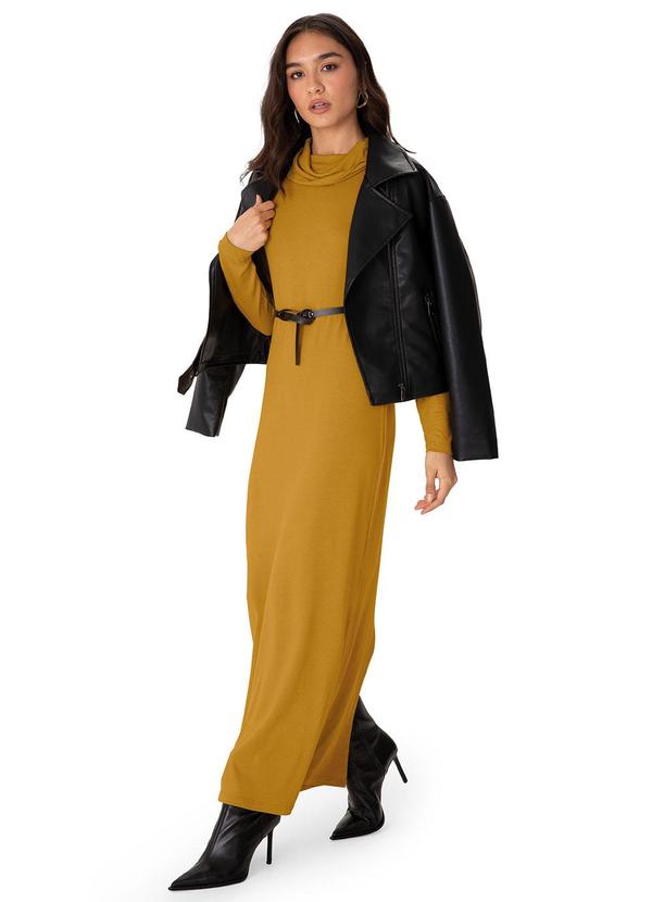 Vestido Midi Reto em Malha Amarelo Mostarda