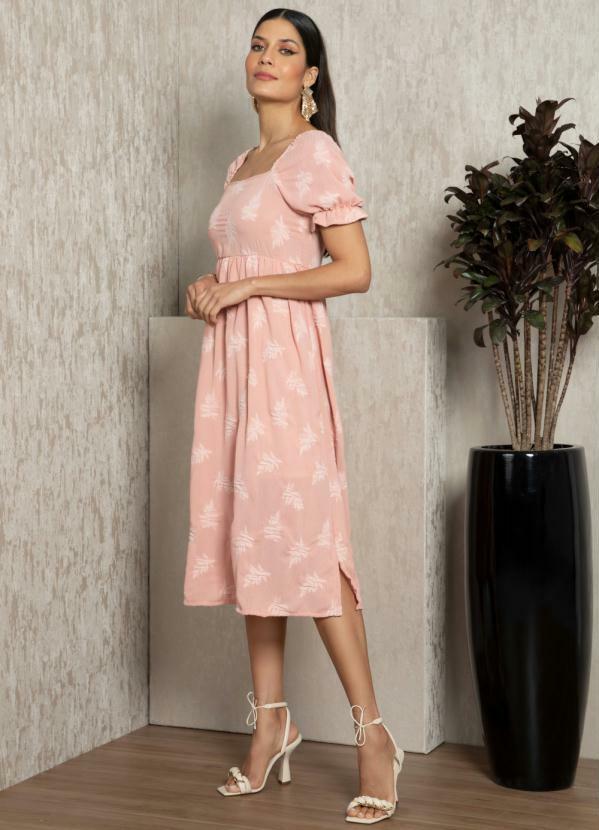 Vestido Midi Rosa em Tecido Plano Jacquard