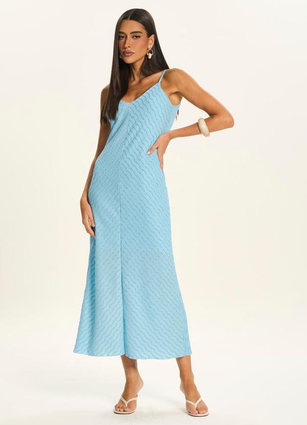 Vestido Midi Texturizado com Alças Finas Azul