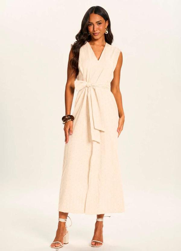 Vestido Midi Texturizado com Amarração Branco