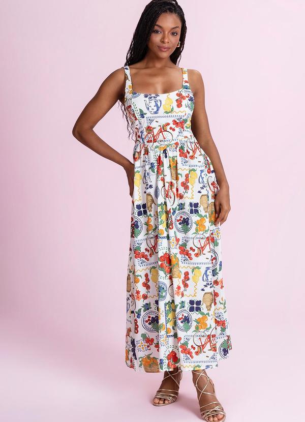 Vestido Midi Tricoline Estampado Branco