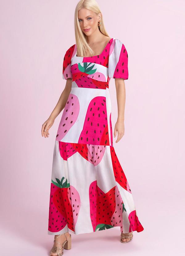 Vestido Midi Tricoline Estampado Rosa