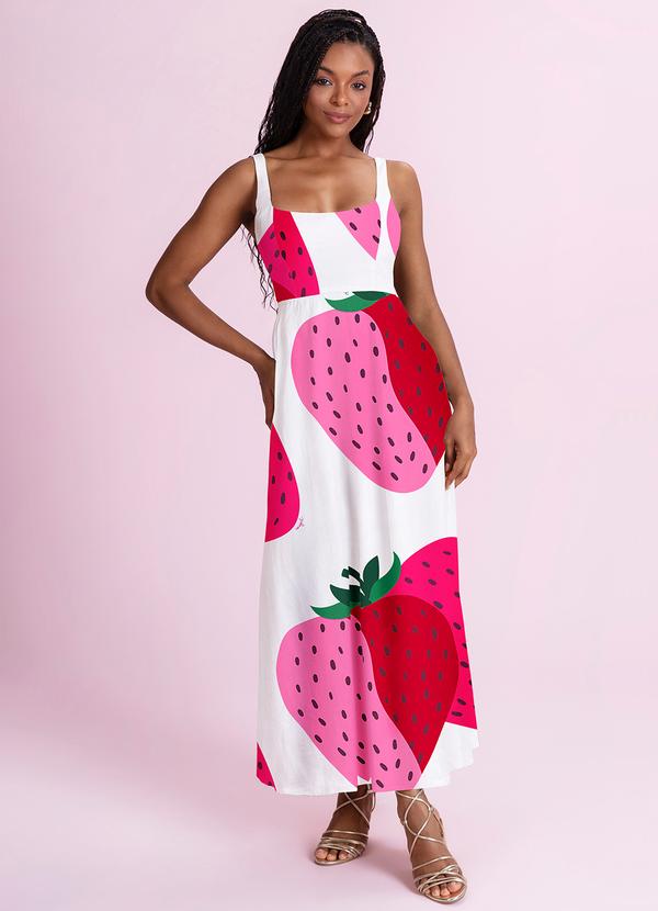 Vestido Midi Tricoline Estampado Rosa