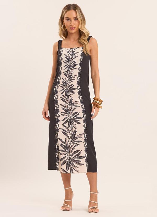 Vista 2 Vestido Midi Tropical de Alça Estampado Preto Doce Trama Doce Trama