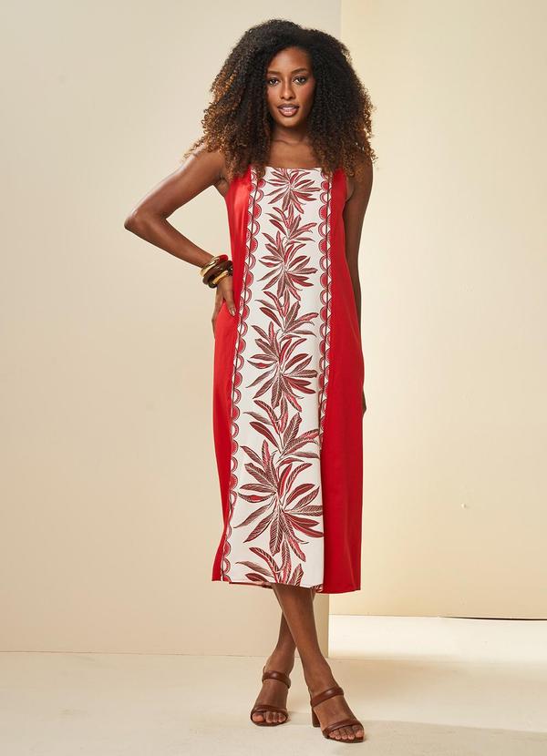Vista 2 Vestido Midi Tropical de Alça Estampado Vermelho Doce Trama Doce Trama