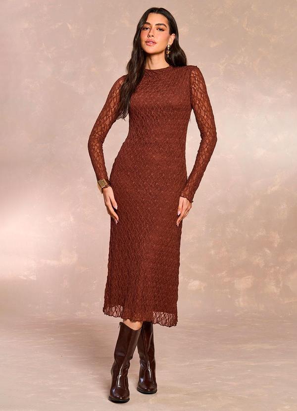 Vestido Midi Tropical Garden em Renda Marrom