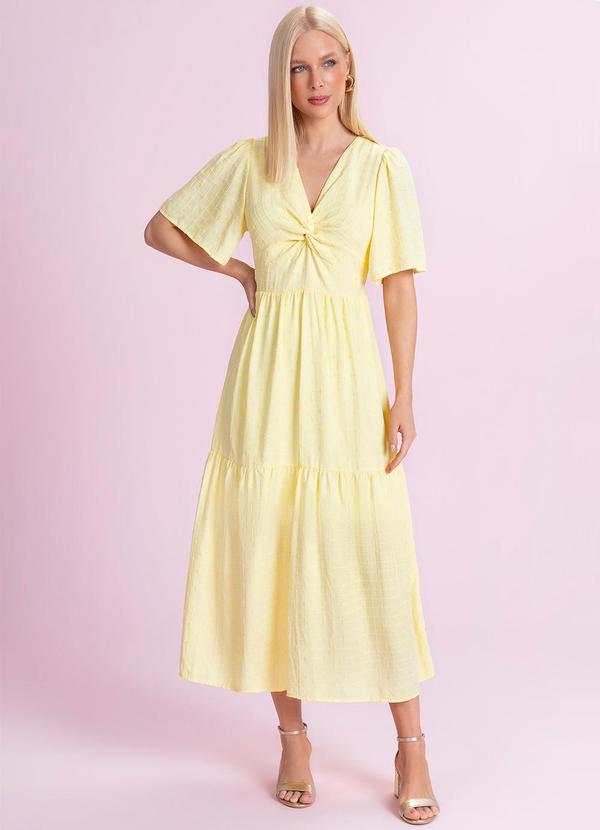 Vestido Midi Viscose Bordada Amarelo