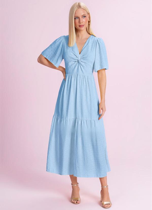 Vestido Midi Viscose Bordada Azul