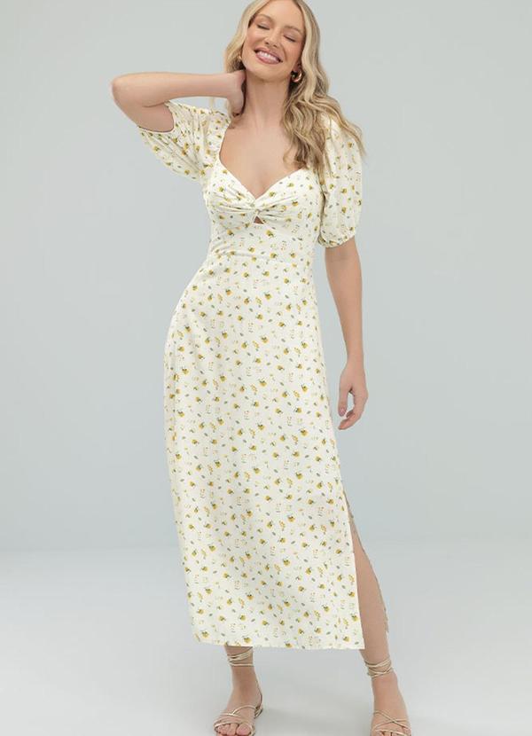 Vestido Midi Viscose Estampada Amarelo