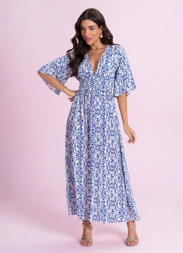 Vestido Midi Viscose Estampada Azul