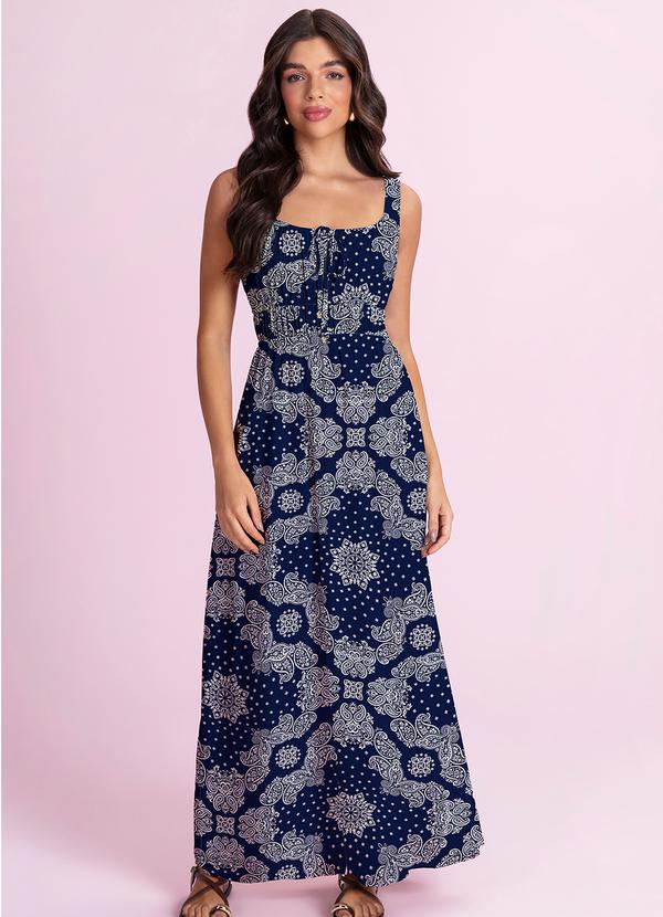 Vestido Midi Viscose Estampada Azul