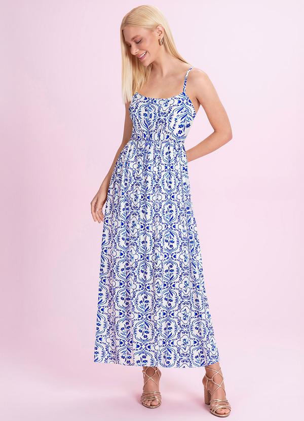 Vestido Midi Viscose Estampada Azul